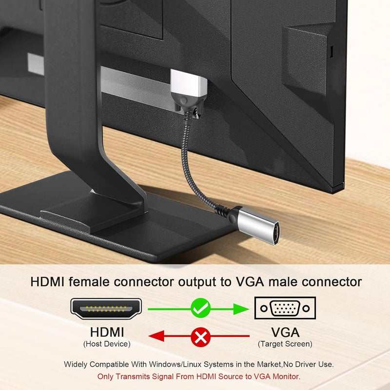 PASOW HDMI to VGA Adapter Cable 8 inch Uni-Directional Only,Gold-Plated 1080p@60Hz HDMI Female to VGA Male Braided Cord for PC,Laptop,Monitor,HDTV, Roku, Xbox, PS5 - Image 2